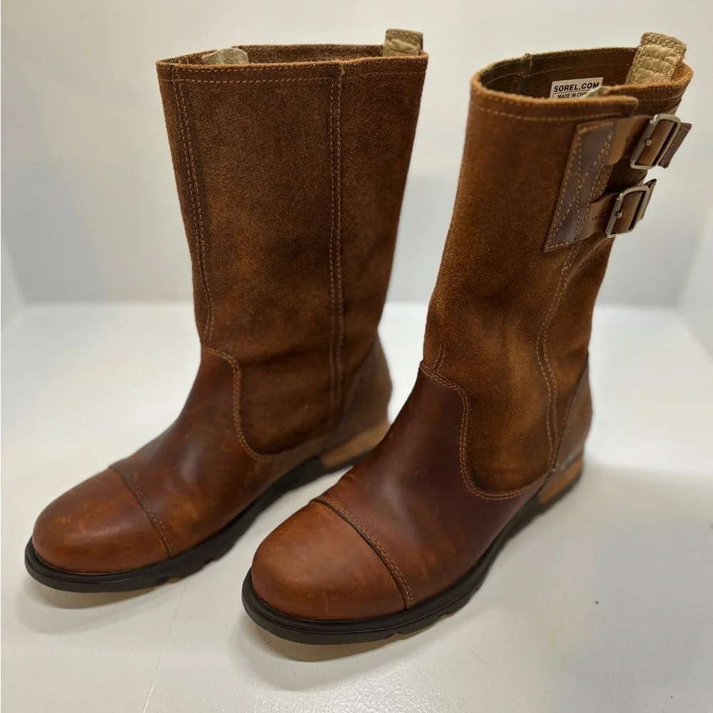 Sorel Major Pull On Mid-Calf Boots Womens 6.5 Brown Leather Moto Buckle Riding